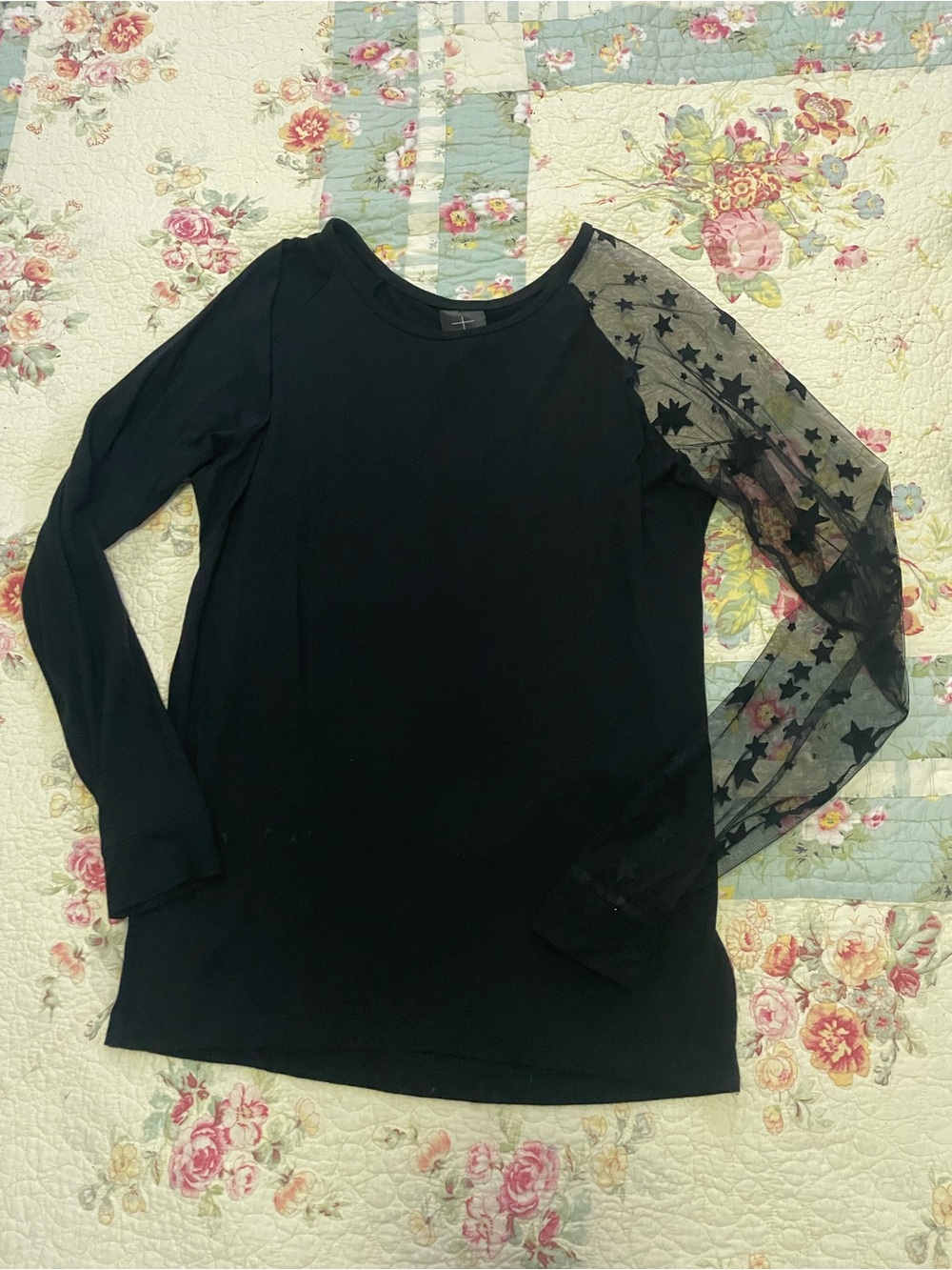 ORTTU Black Long Sleeve Tee with Star Mesh Sleeve
